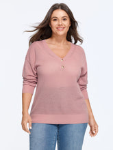 Wool Blend V‑Neck Button Detail Hollow Out Pullover