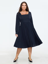 Square Neck Long Sleeve Pleated Midi Dress