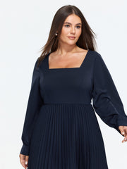 Square Neck Long Sleeve Pleated Midi Dress