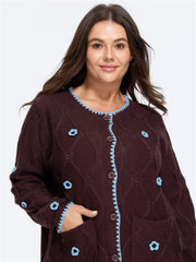Crochet Floral Contrast Trim Button Front Cardigan