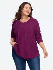 Textured Curved Hem Loose Fit Cable Knit Pullover