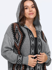 Boho Geometric Fringe Hem Hooded Cardigan