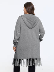 Boho Geometric Fringe Hem Hooded Cardigan