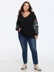 Geometric Jacquard V Neck Pullover