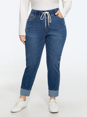 Stretch Drawstring Waist Cuffed Hem Jeans