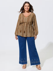 Paisley Print V Neck Ruffle Blouse