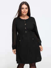Tweed Patchwork Chiffon Sleeve Button Detail Mini Dress