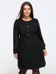 Tweed Patchwork Chiffon Sleeve Button Detail Mini Dress