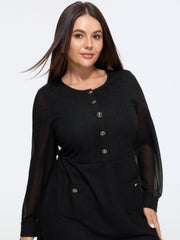 Tweed Patchwork Chiffon Sleeve Button Detail Mini Dress