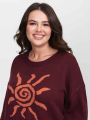 Sun Motif Round Neck Pullover