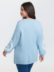 Geometric Pattern Textured Ribbed Hem Pullover
