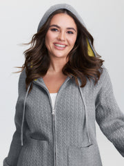 Textured Contrast Hooded Zipper Knit Cardigan