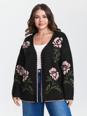 Floral Pattern Jacquard Wavy Edge Knit Cardigan