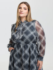 Plaid Print Sheer Mesh Neck Tie Midi Dress