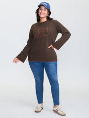 Stretchy Puppy Pattern Embroidered Contrast Pullover