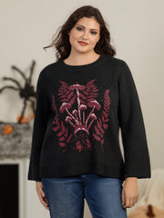 Mushroom Fern Jacquard Print Flare Sleeve Pullover