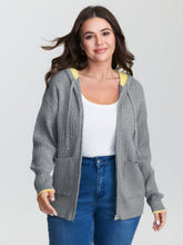 Textured Contrast Hooded Zipper Knit Cardigan
