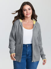 Textured Contrast Hooded Zipper Knit Cardigan
