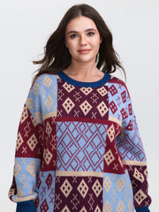 Retro Pattern Jacquard Color Block Pullover