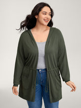 Hooded Drawstring Waist Pockets Knit Cardigan