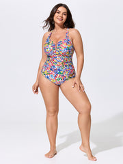 Colorful Floral Print Cut-Out One-Piece Swim