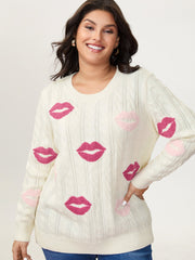 Rosy Lips Embroidery Braided Texture Pullover