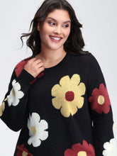 Flower Pattern Jacquard Crew Neck Pullover