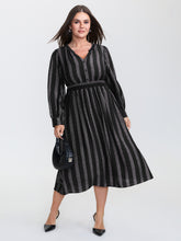 Monochrome Stripe Button Detail Midi Dress