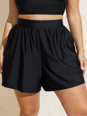 High Waisted Pockets Solid Pleated Swim Shorts