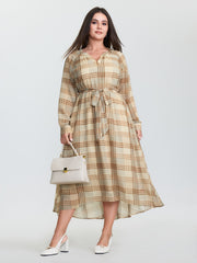 Grid Pattern Waist-Tie Flowy Midi Dress