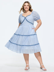 Gingham Print Color Contrast Tiered Midi Dress
