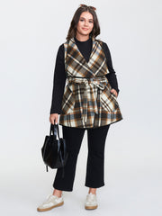 Grid Belted Notched Lapel Collar Vest