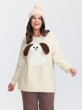 3D Puppy Embroidered Stretchy Drop Shoulder Pullover