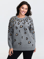 Leopard Pattern Jacquard Ribbed Hem Pullover