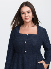 Textured Square Neckline Button Midi Dress