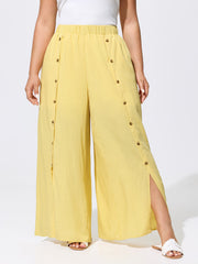 Linen Blend Button Detail Hem Split Sheer Pants