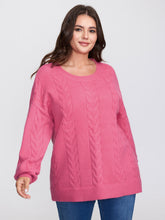 Stretch Cableknit Textured Round Neck Pullover
