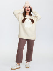 3D Puppy Embroidered Stretchy Drop Shoulder Pullover