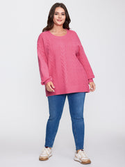 Stretch Cableknit Textured Round Neck Pullover