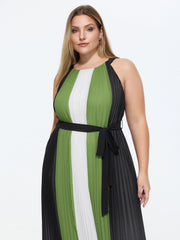 Colorblock Halter Neckline Waist-Tie Midi Dress