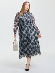 Plaid Print Sheer Mesh Neck Tie Midi Dress
