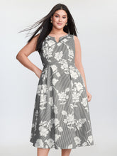 Striped Floral Print Notched Collar Midi Dress