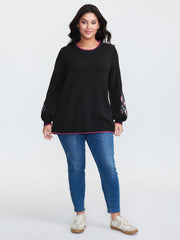 Embroidered Sleeve Contrast Trim Pullover