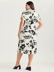 Monochrome Floral Print Collared Midi Dress