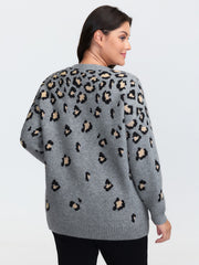 Leopard Pattern Jacquard Ribbed Hem Pullover