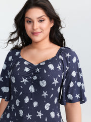 Ocean Element Print Sweetheart Neckline Top