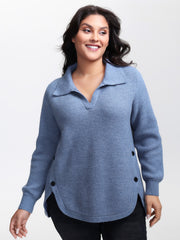 Polo Collar Side Buttons Curvy Pullover