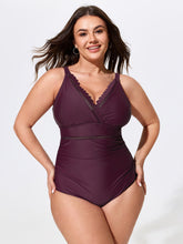 Wave Lace Trim Waist Ruched One Piece Swimsuit