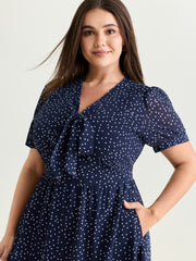 Pretty Polka Dots Ribbon Neckline Midi Dress
