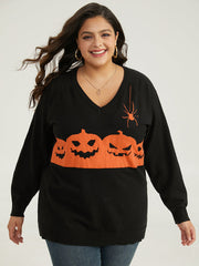 Halloween Graphic Pumpkin V Neck Pullover